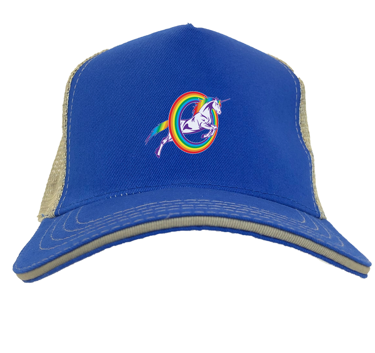 Unicorn Jumping Through Rainbow Hoop Twill Soft Mesh Trucker Hat